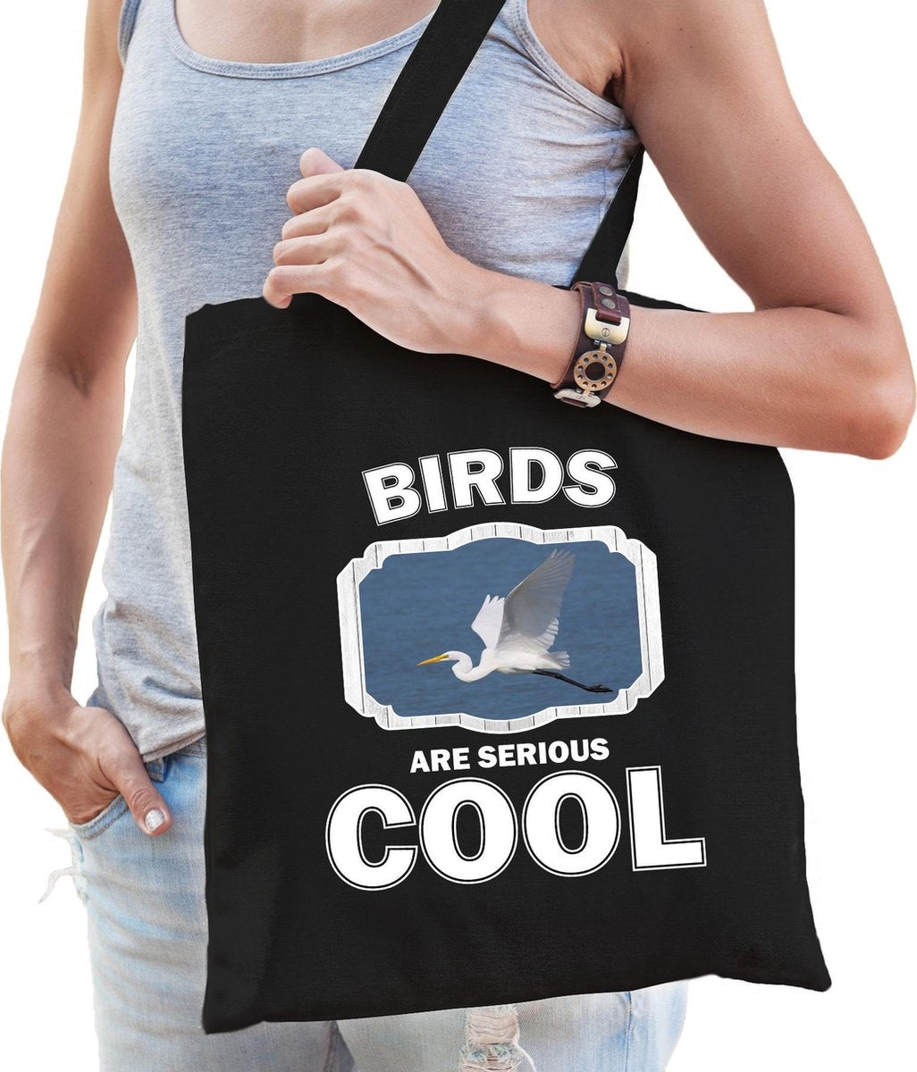 Dieren grote zilverreiger  katoenen tasje volw + kind zwart - birds are cool boodschappentas/ gymtas / sporttas - cadeau vogels fan