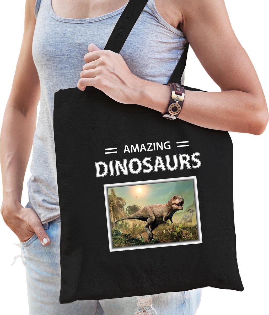 Dieren T-rex dino foto tas katoen volw + kind zwart - amazing dinosaurs - kado boodschappentas/ gymtas / sporttas - T-rex dinosaurus