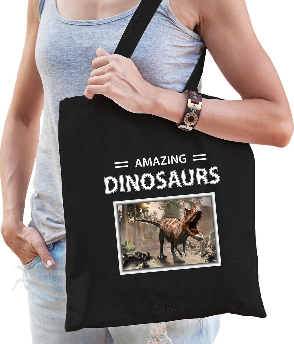 Dieren Carnotaurus dino foto tas katoen volw + kind zwart - amazing dinosaurs - kado boodschappentas/ gymtas / sporttas - Carnotaurus dinosaurus
