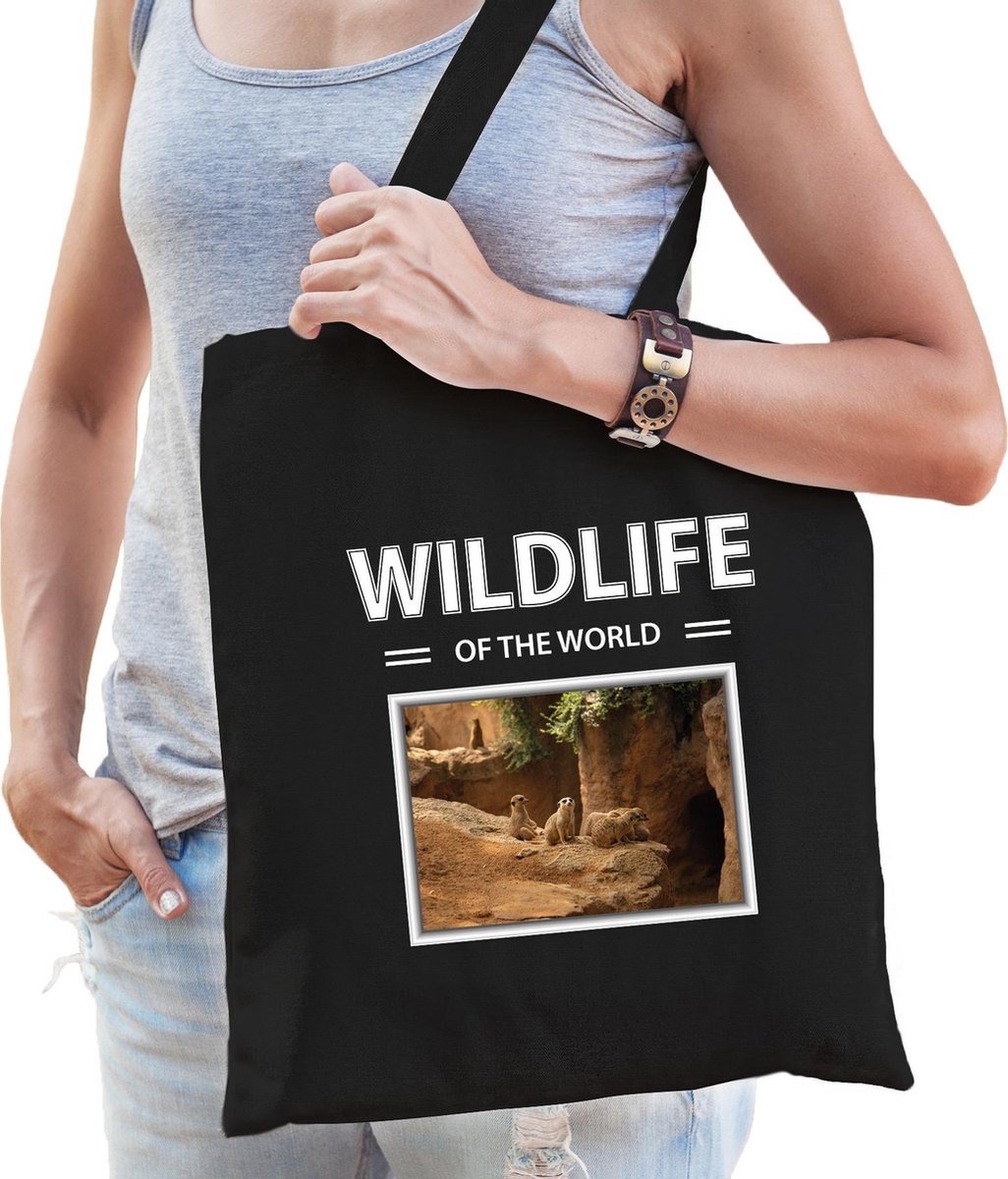 Dieren Stokstaartje foto tas katoen volw + kind zwart - wildlife of the world - kado boodschappentas/ gymtas / sporttas - Stokstaartjes