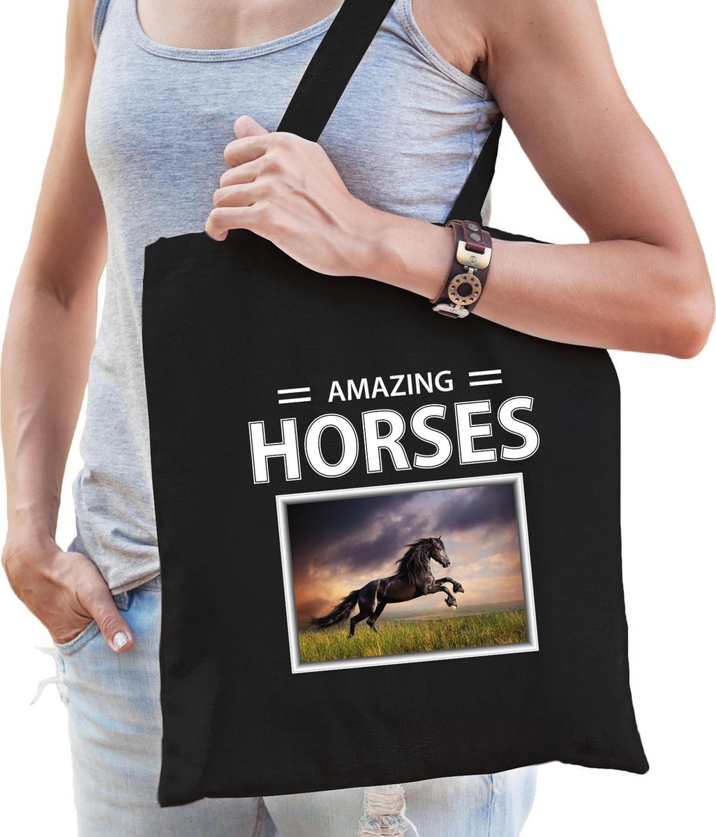 Dieren Zwart paard foto tas katoen volw + kind zwart - amazing horses - kado boodschappentas/ gymtas / sporttas - Zwarte paarden