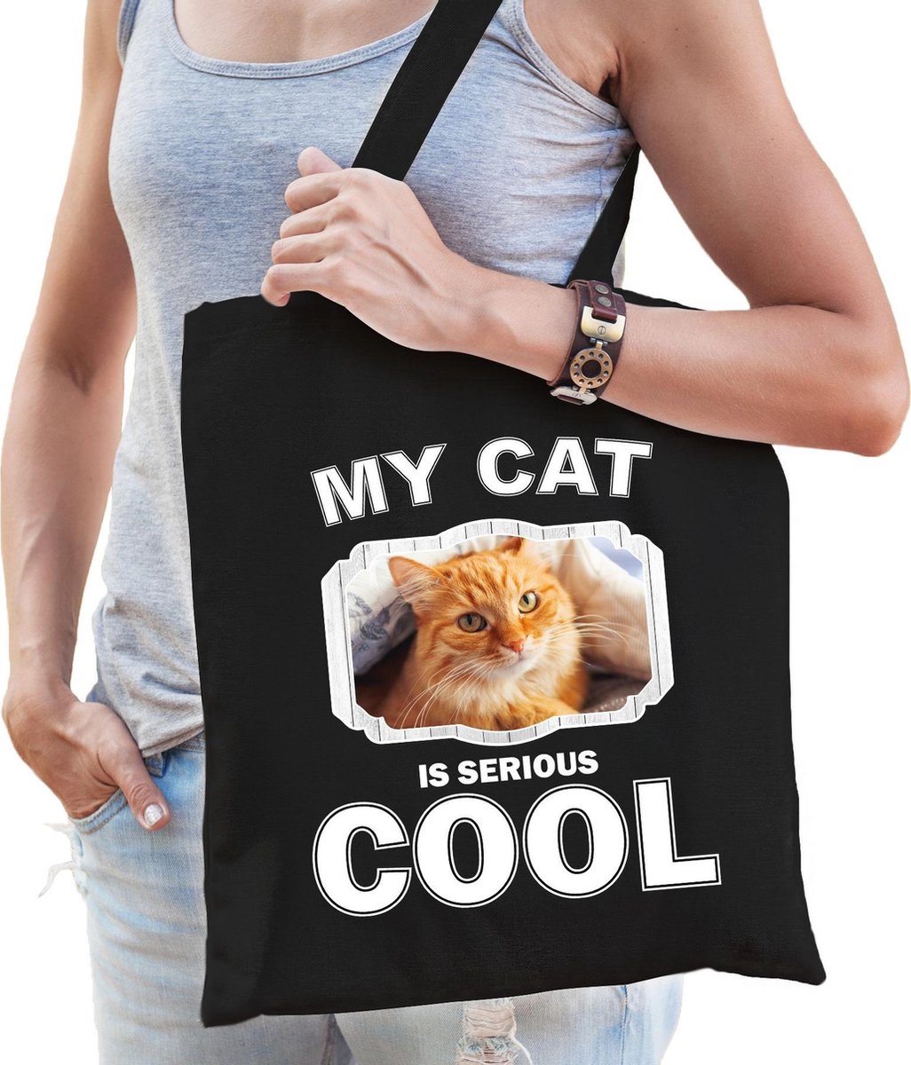 Dieren Rode katten tasje katoen volw + kind zwart - my cat is serious cool kado boodschappentas/ gymtas / sporttas - katten/ poes