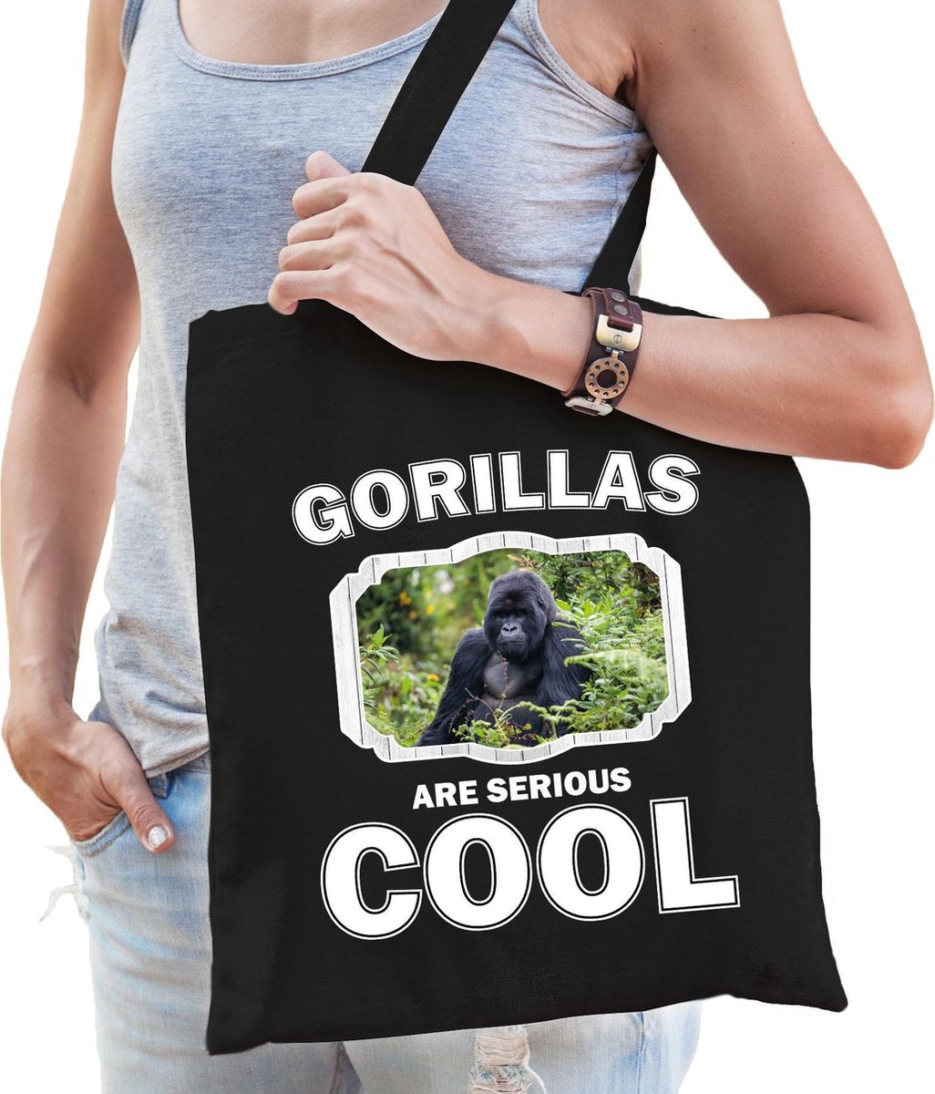 Dieren gorilla  katoenen tasje volw + kind zwart - gorillas are cool boodschappentas/ gymtas / sporttas - cadeau gorilla apen fan