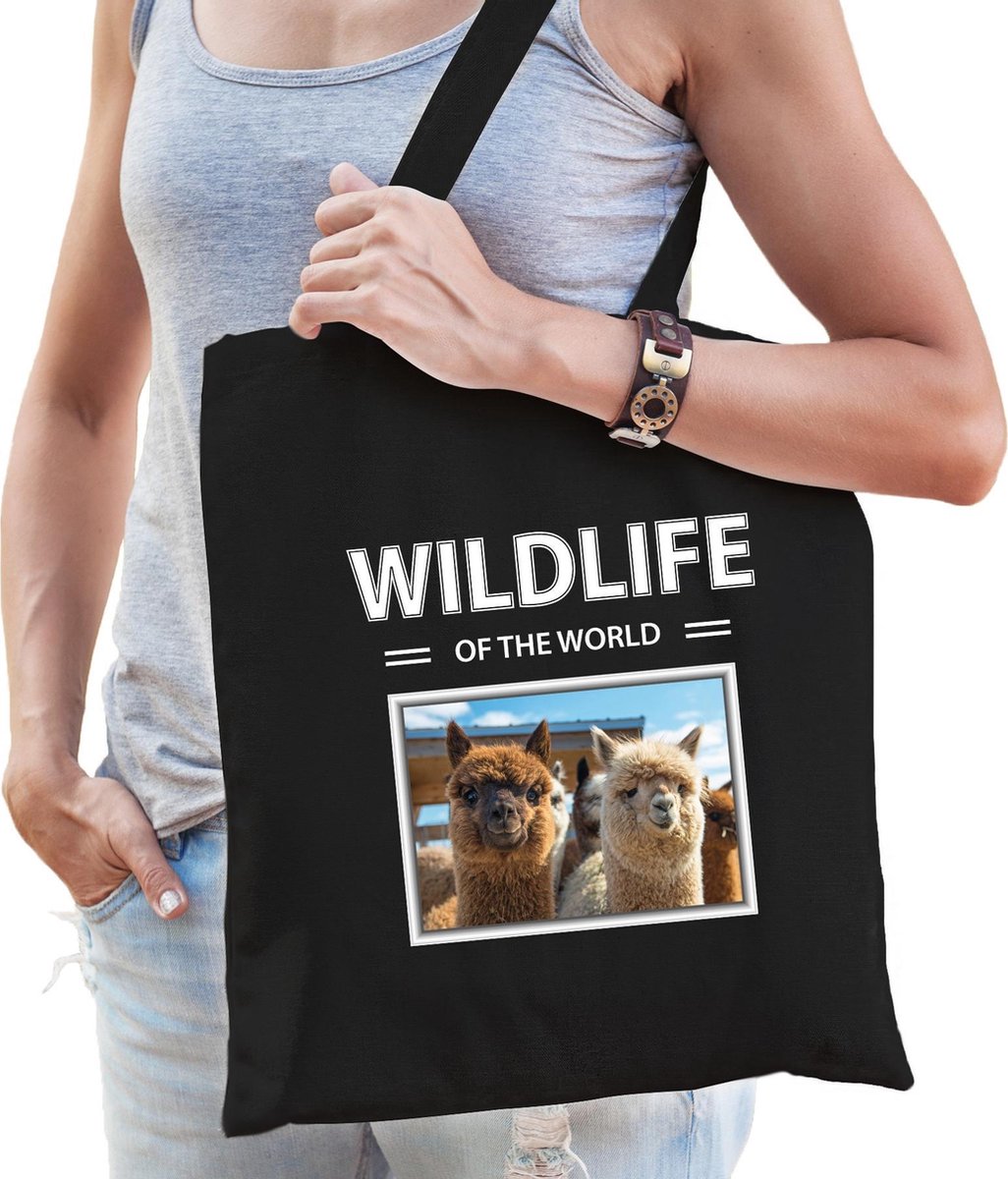 Dieren Alpaca foto tas katoen volw + kind zwart - wildlife of the world - kado boodschappentas/ gymtas / sporttas - Alpaca's