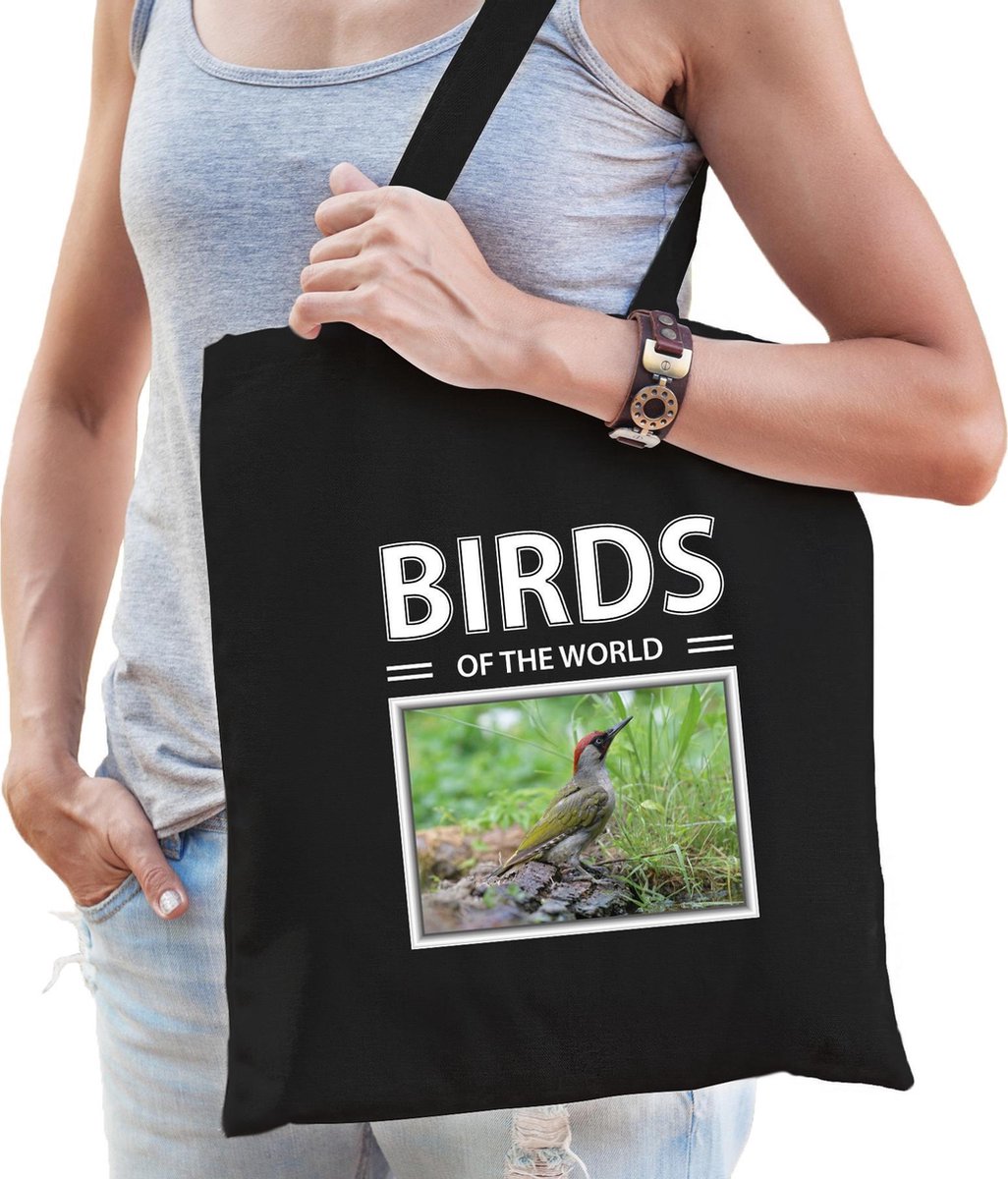 Dieren groene specht foto tas katoen volw + kind zwart - birds of the world - kado boodschappentas/ gymtas / sporttas - spechten
