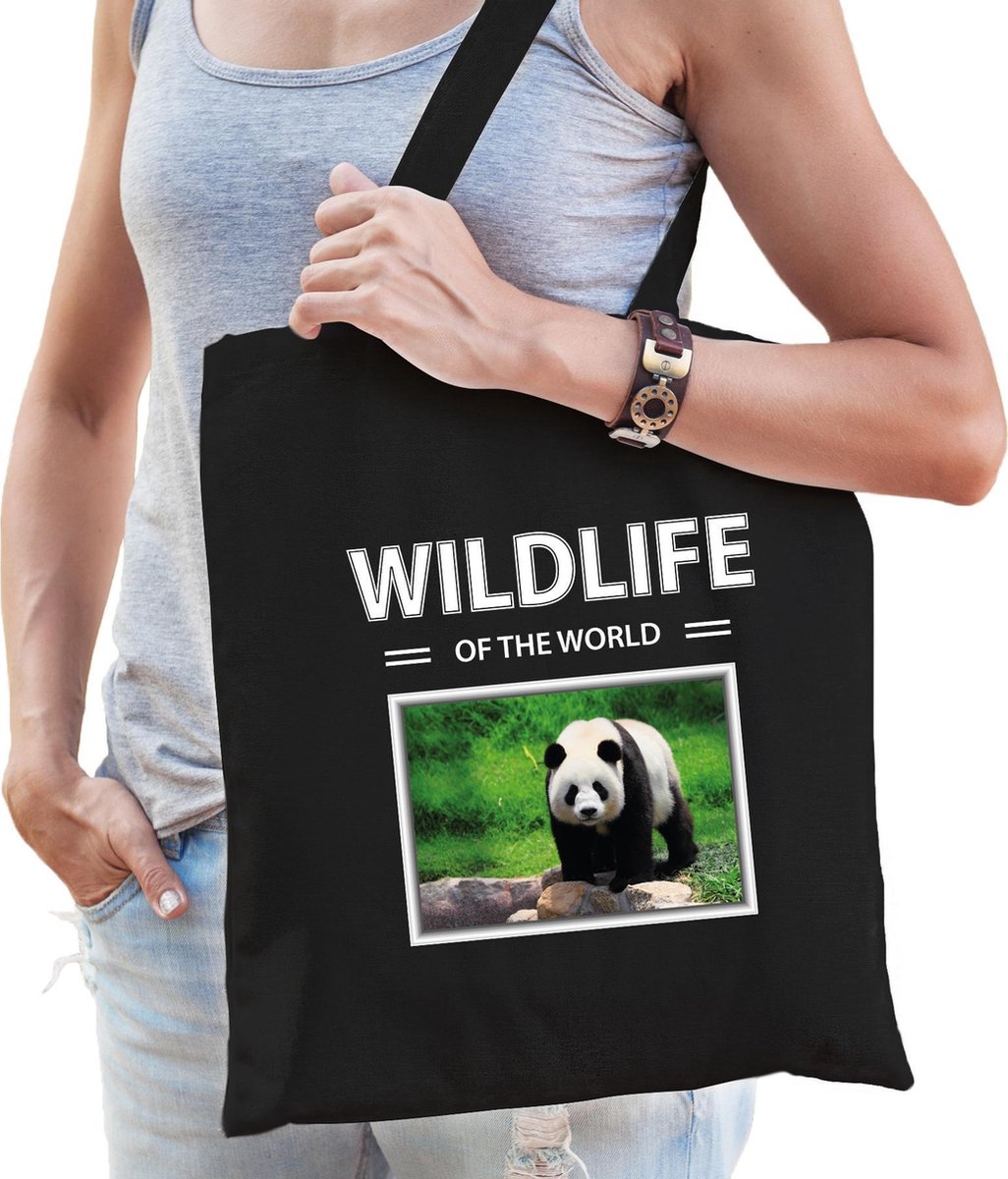 Dieren Panda foto tas katoen volw + kind zwart - wildlife of the world - kado boodschappentas/ gymtas / sporttas - Pandabeer