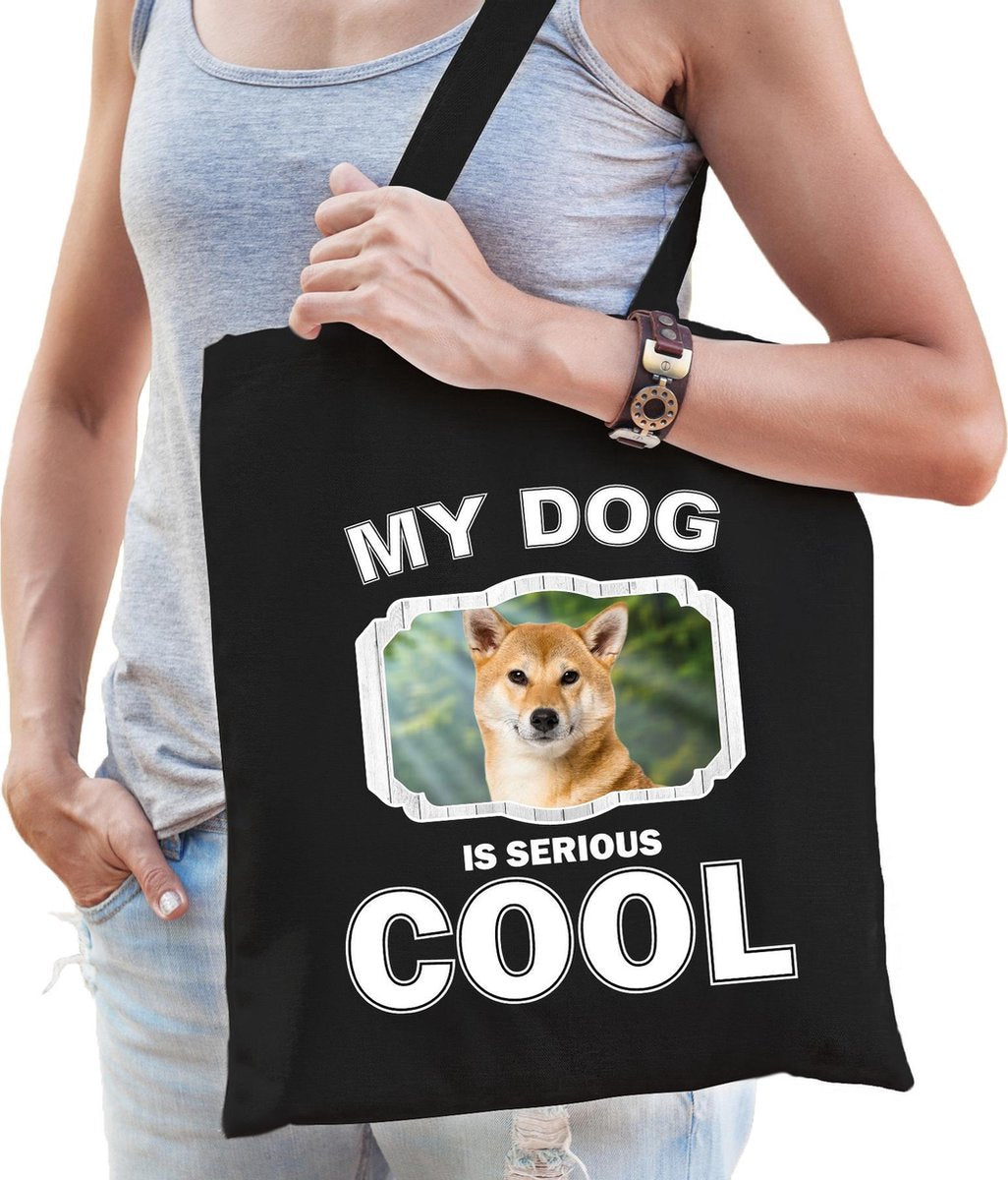 Dieren Shiba inu tasje katoen volw + kind zwart - my dog is serious cool kado boodschappentas/ gymtas / sporttas - honden / hond