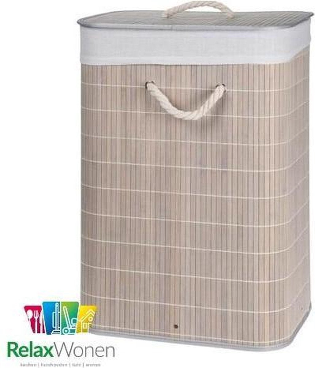 Relaxwonen - Wasmand - Mand - Bamboe - Opvouwbaar - Inclusief Deksel - Uitneembare binnenhoes - Cremé - 60x40x30 cm