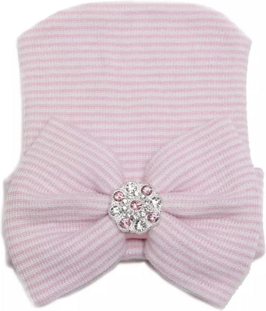 Newborn muts diamonds pink - roze - muts met strik en steentjes