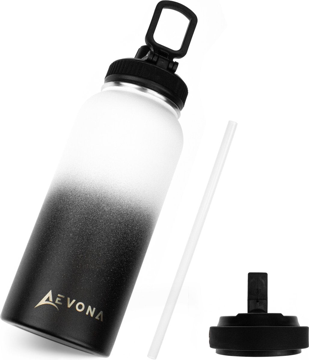 Aevona Waterfles Met Rietje - Thermosfles -  Incl 2 doppen - RVS - 1 liter