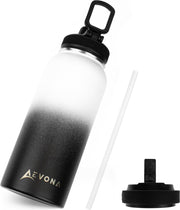 Aevona Waterfles Met Rietje - Thermosfles -  Incl 2 doppen - RVS - 1 liter
