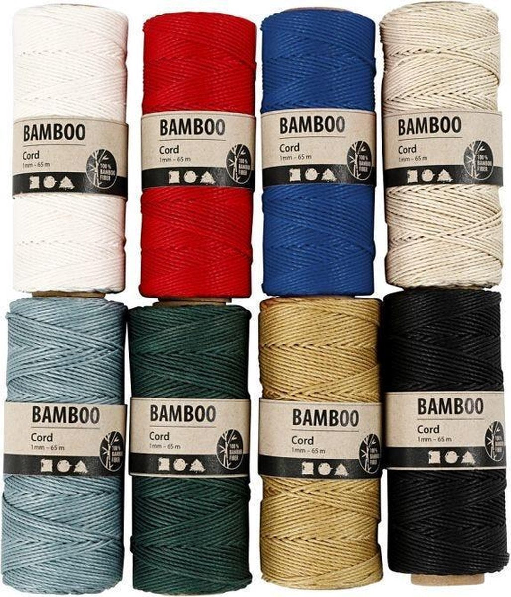Bamboekoord. diverse kleuren. dikte 1 mm. 65 m/1 set