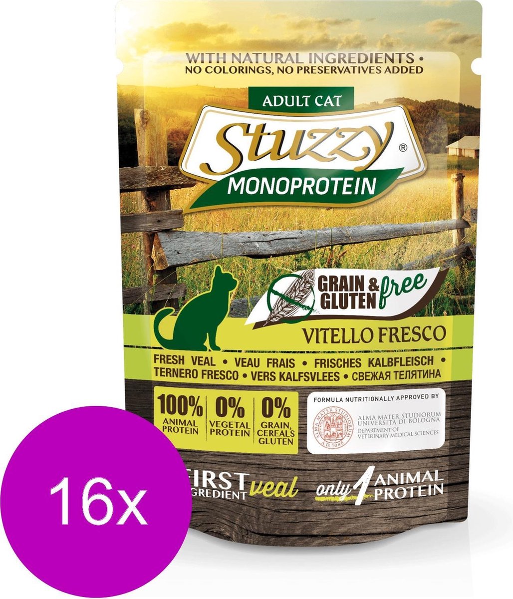 Stuzzy Cat No Grain Pouch 85 g - Kattenvoer - 16 x Kalf Graan&Glutenvrij