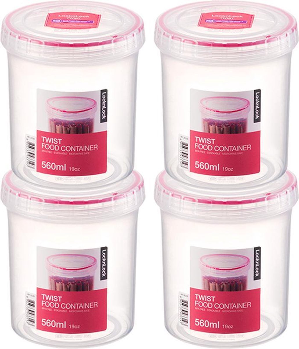 Lock&Lock Twist Vershoudbakjes | Voorraadbussen | Bewaardozen voedsel - 560 ml - Rond - Set van 4 stuks