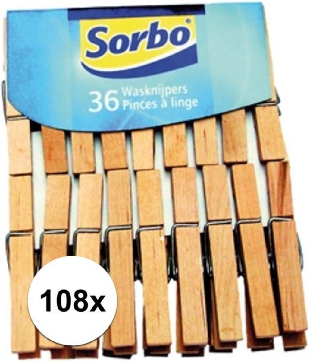 Sorbo Wasknijpers - Hout - 108 stuks (3x36)