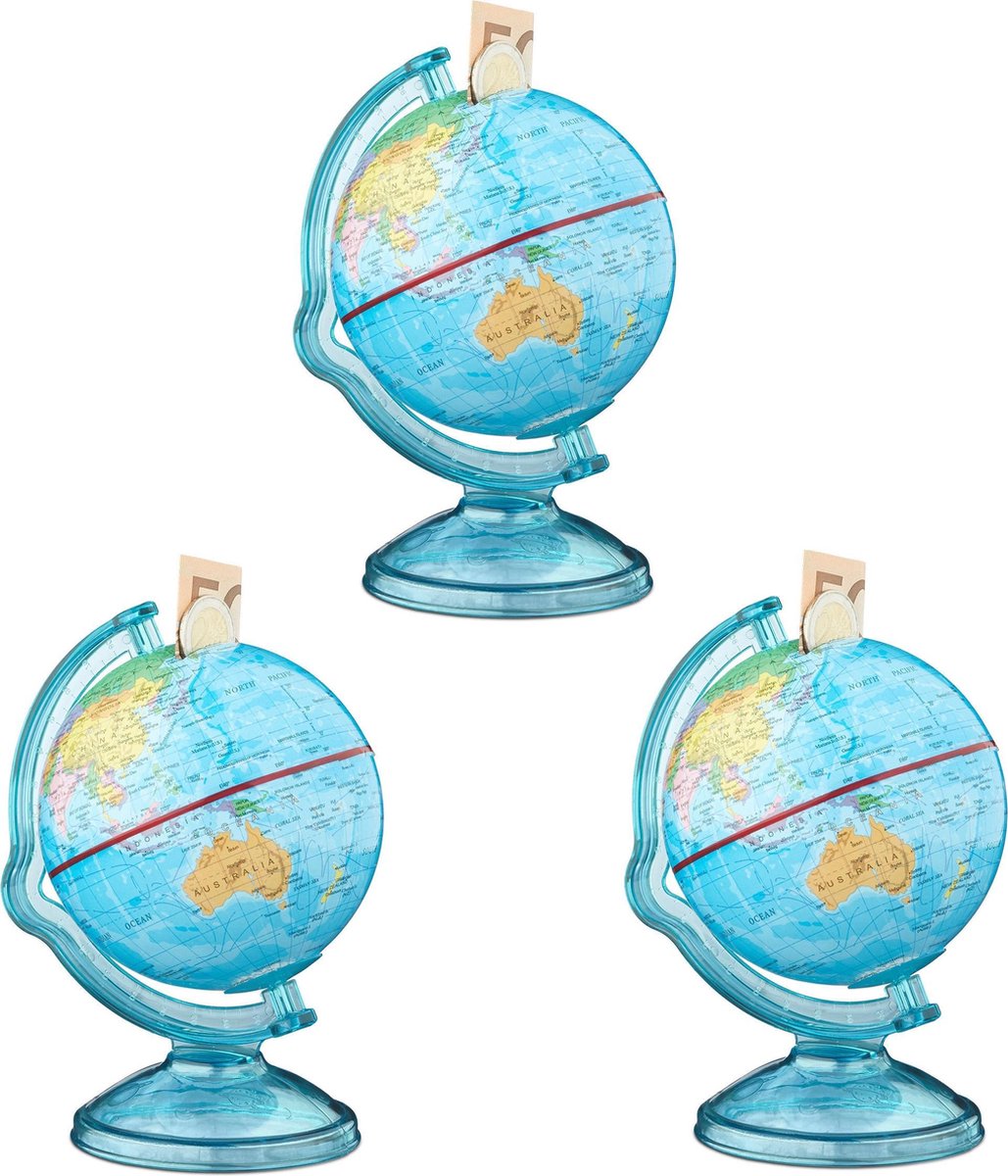 relaxdays 3 x spaardoos wereldbol - spaarvarken - spaargeld globe – wereldkaart