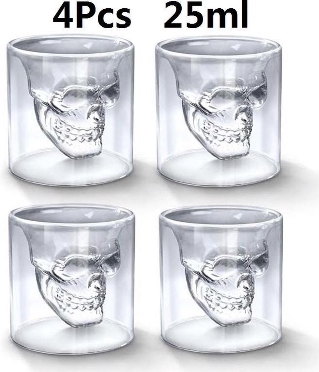 Shotglas Skull - Doodskop - Shotglazen - Borrelglas - Borrelglazen - Glas - 25 ML - Shot glaasjes - Skull Glass - Schedel - Shot - Drank - Set van 4 STUKS