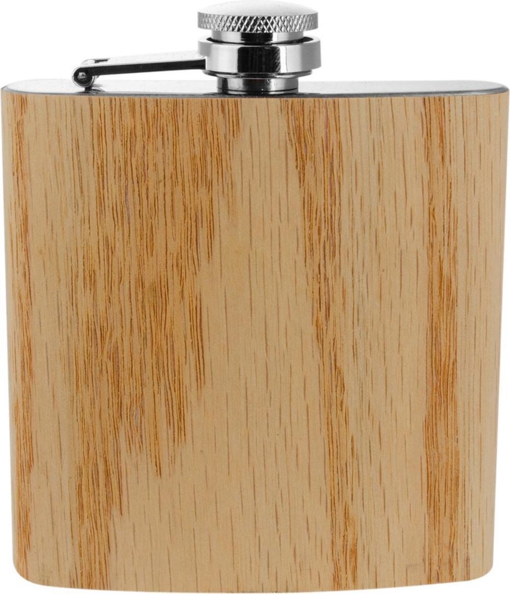RVS heupfles/zakfles met houtlook 175 ml 11 x 9 cm - Borrelfles/drankfles/veldfles - Outdoor/onderweg drank accessoires