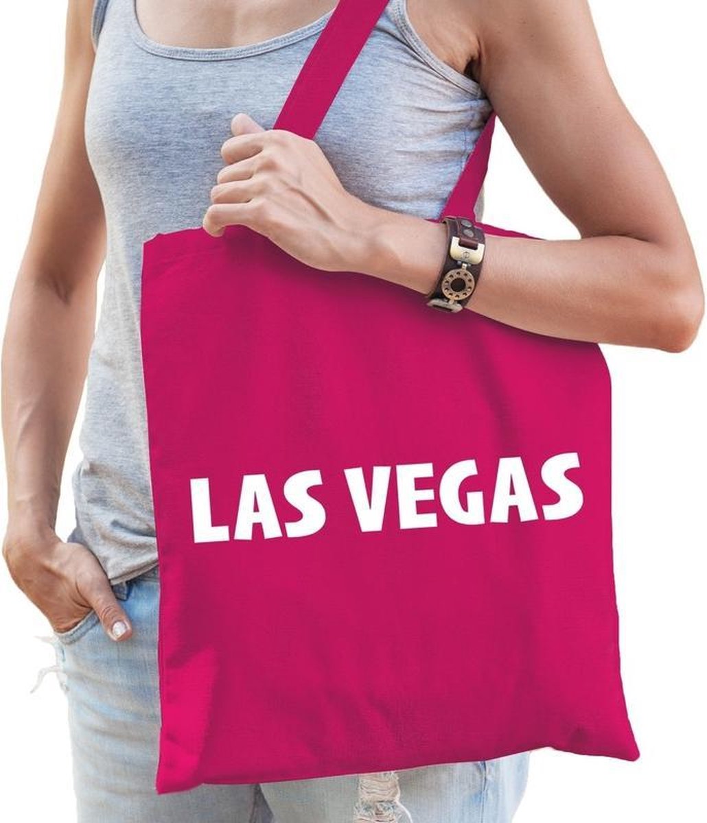 Katoenen USA/wereldstad tasje Las Vegas fuchsia roze - 10 liter - steden cadeautas