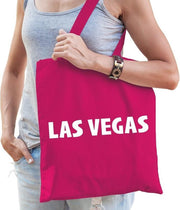Katoenen USA/wereldstad tasje Las Vegas fuchsia roze - 10 liter - steden cadeautas