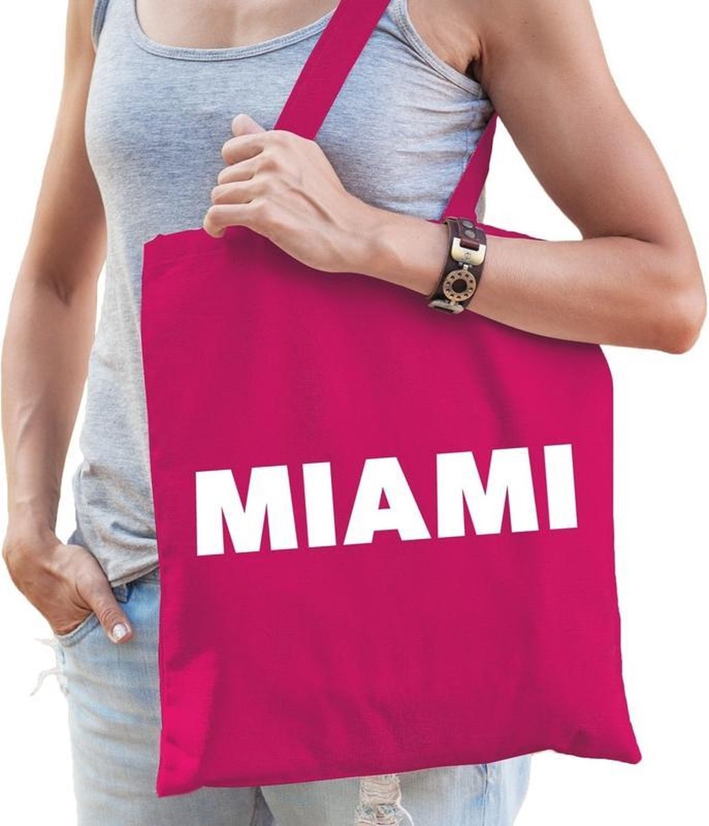 Katoenen Florida/USA/wereldstad tasje Miami fuchsia roze - 10 liter -  steden cadeautas
