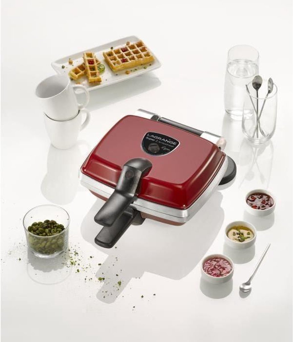 FLAGRANGE Super 2 wafelijzer met antiaanbaklaag - 1000W - 1 set borden: Wafels + wafelprikker - Rood