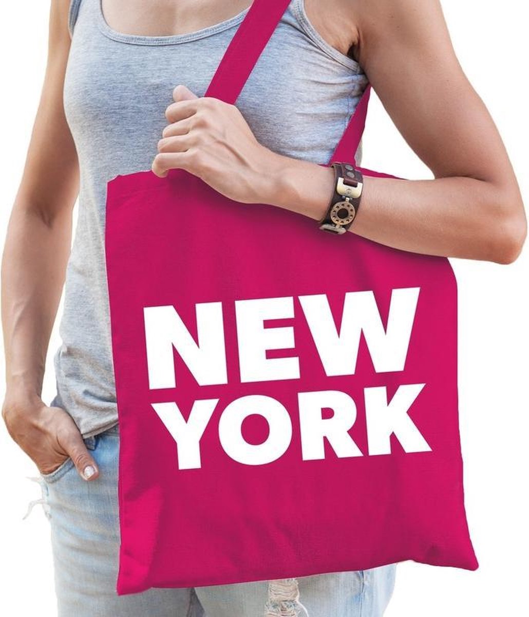 Katoenen USA/wereldstad tasje New York fuchsia roze - 10 liter -  steden cadeautas