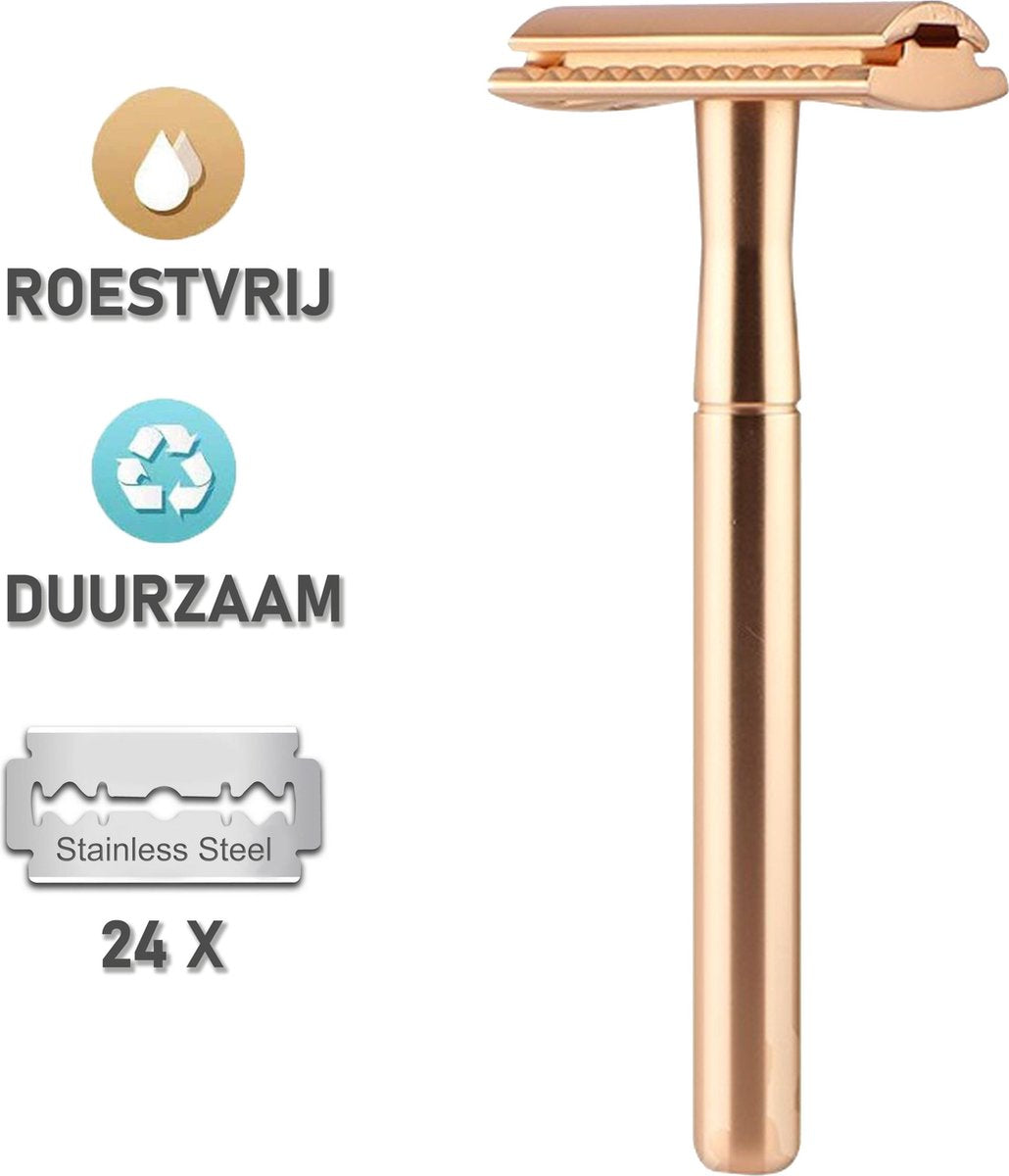 Double Edge Safety Razor 24 Mesjes - Brede kam tegen snijwondjes - Veiligheidsscheermes - Roestvrij scheermes - Robuust messing
