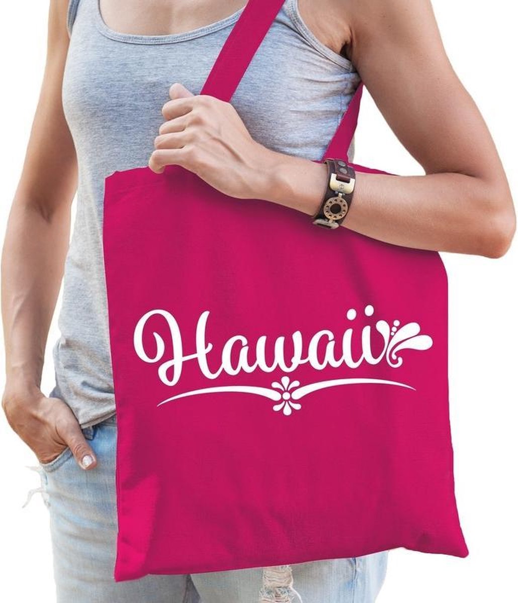 Katoenen tropisch Eiland tasje Hawaii fuchsia roze - 10 liter -  cadeautas