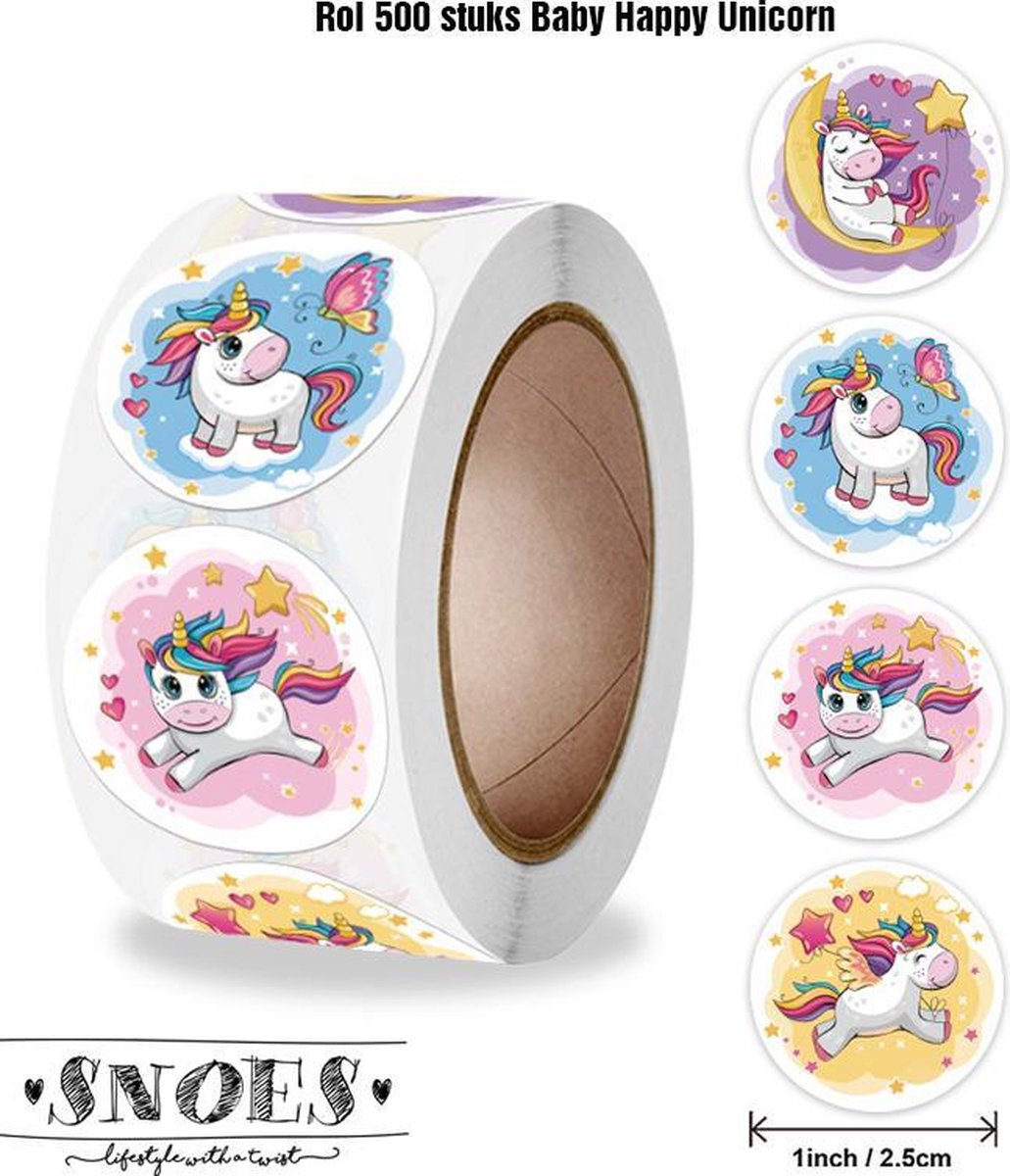 Snoes - sluitstickers 500 stuks - stickerrol - Unicorn Jumping eenhoorn stickers - beloningsstickers - stickers voor kinderen - schoolspullen - onderwijs - stickervellen - peuters - kleuters - dieren sticker - cadeau - kado - inpakken