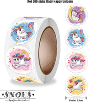 Snoes - sluitstickers 500 stuks - stickerrol - Unicorn Jumping eenhoorn stickers - beloningsstickers - stickers voor kinderen - schoolspullen - onderwijs - stickervellen - peuters - kleuters - dieren sticker - cadeau - kado - inpakken