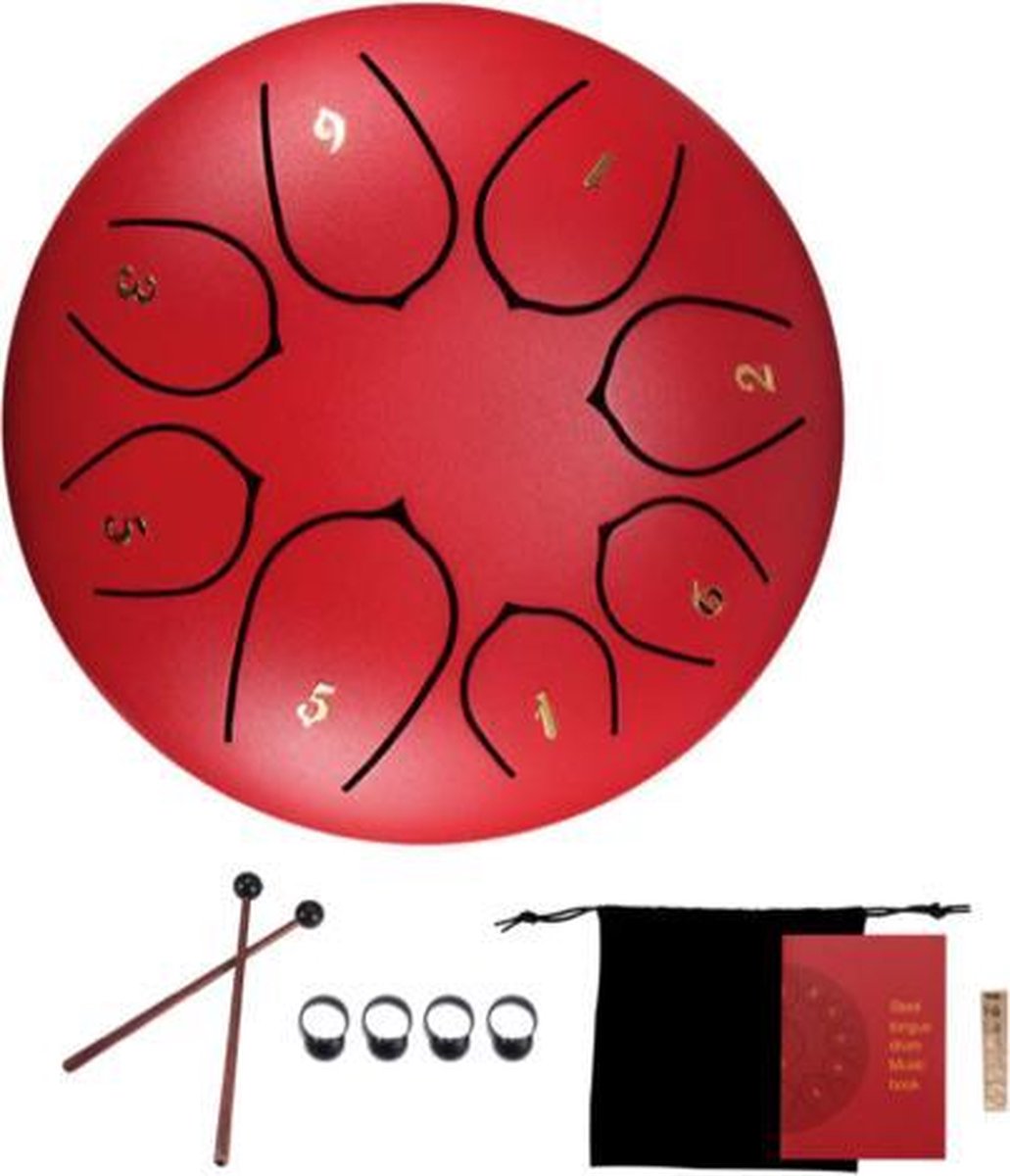 Handpan - tongue steel drum - 15 cm - meditatie - yoga - sound healing - drum - klanktherapie - klankschaal - rood - red