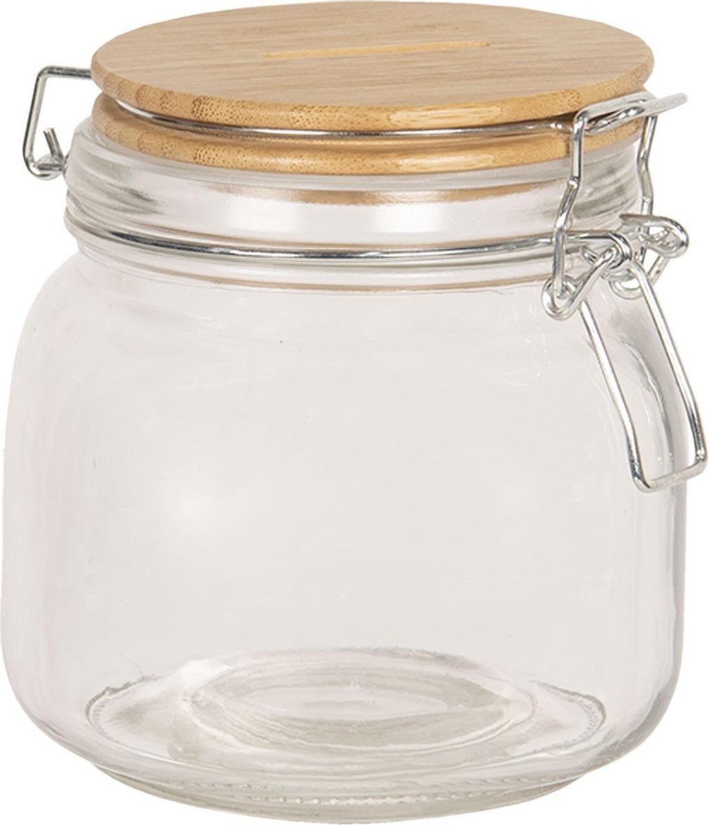 Clayre & Eef Spaarpot 11*11*13 cm Transparant Glas Wekpot Rond Leuke Spaarpot Spaarvarken