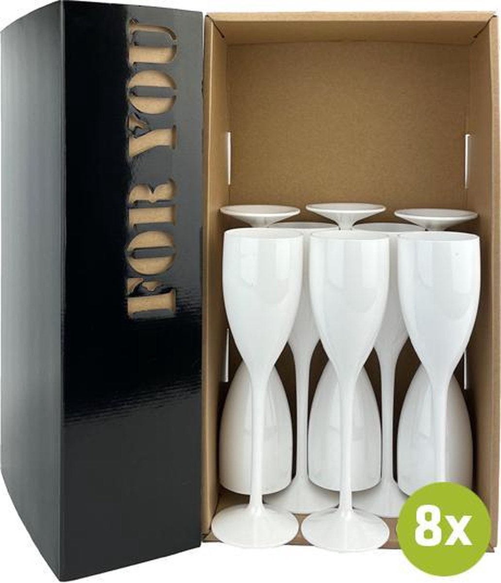 8x Champagneglas Troyes wit 12cl cadeauset | Onbreekbare kunststof / plastic drinkglazen