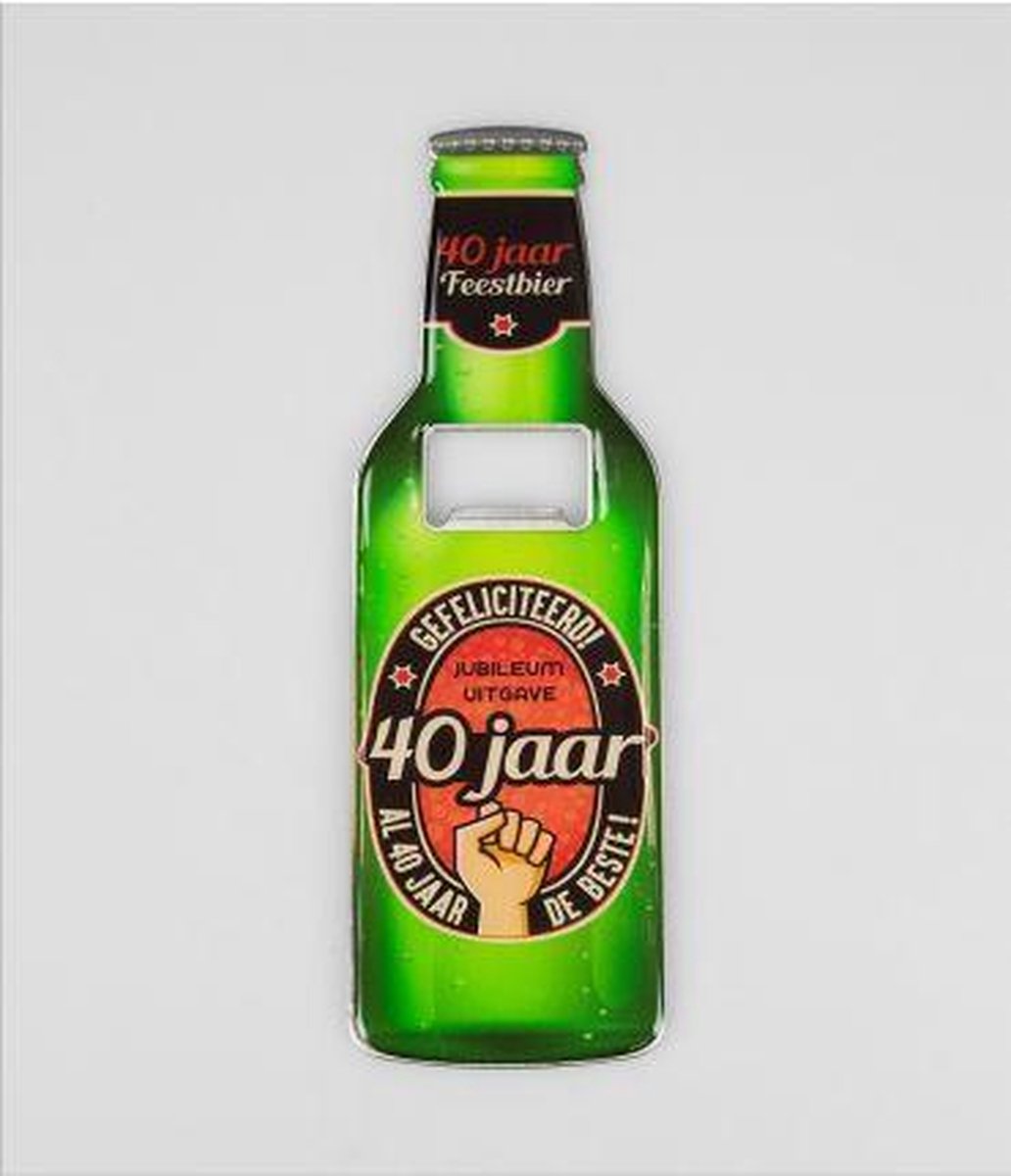 Bieropener -Magnetisch - 40 jaar - In cadeauverpakking met gekleurd lint