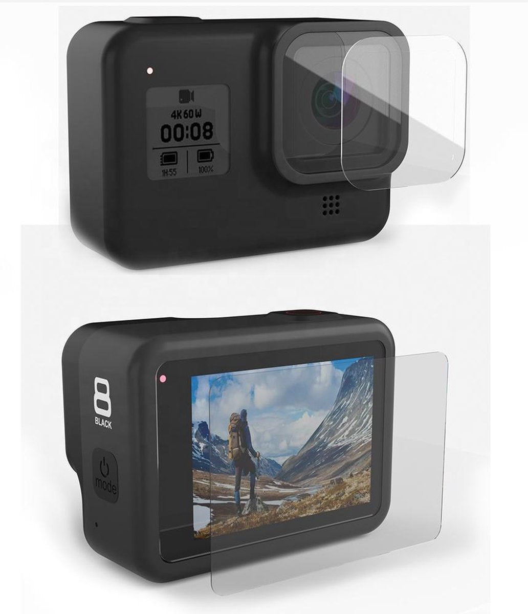 Gehard glas screenprotector voor GoPro Hero 8 Black - Tempered glass - 1x LCD & 1x lens - Bescherming GoPro LCD & lens - 9H gehard glas
