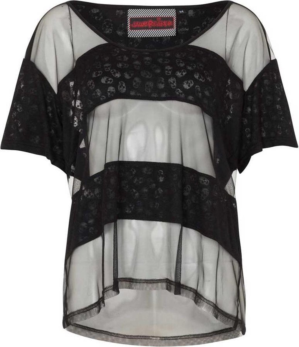 Jawbreaker Top -S- Mini Skulls oversized transparant Mesh top Zwart