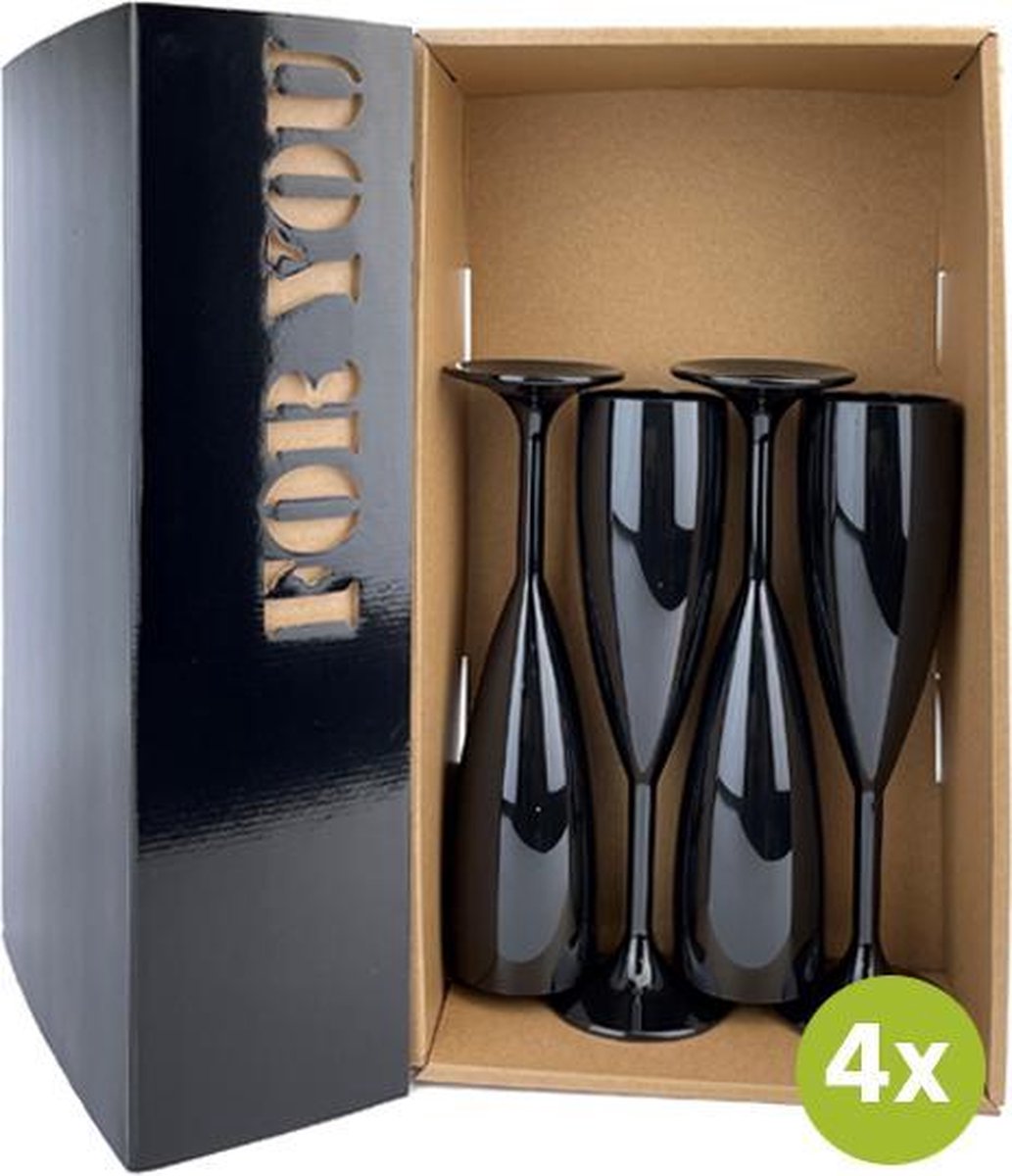 4x Champagneglas Givet zwart 19cl cadeauset | Onbreekbare kunststof / plastic drinkglazen