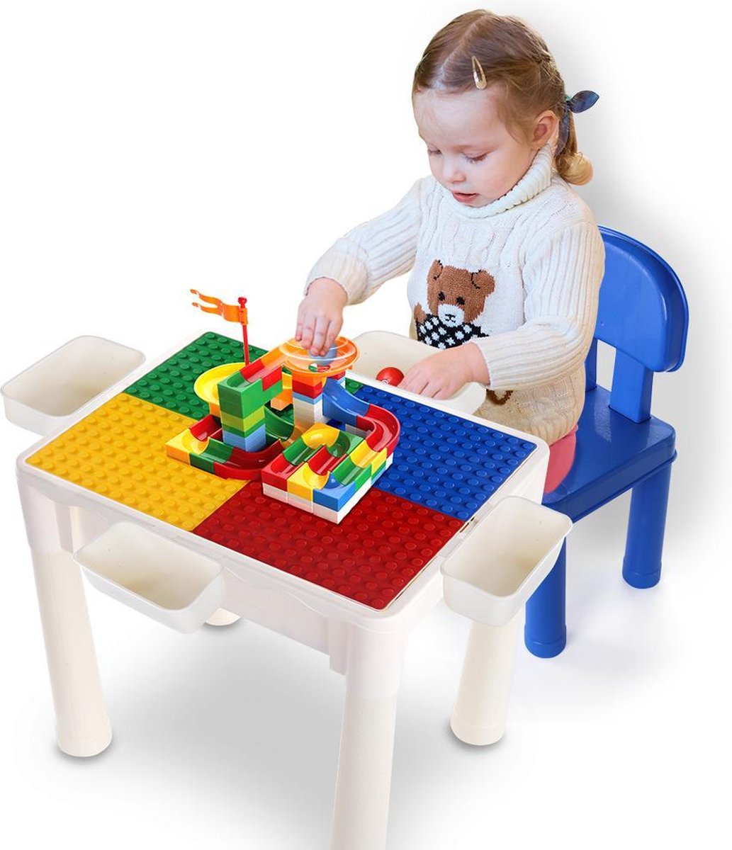 WonderOne - Kindertafel | Speeltafel | Blokkentafel | Activiteitentafel | Met opbergruimte | Geschikt voor Duplo | Inclusief stoeltje en bouwblokken