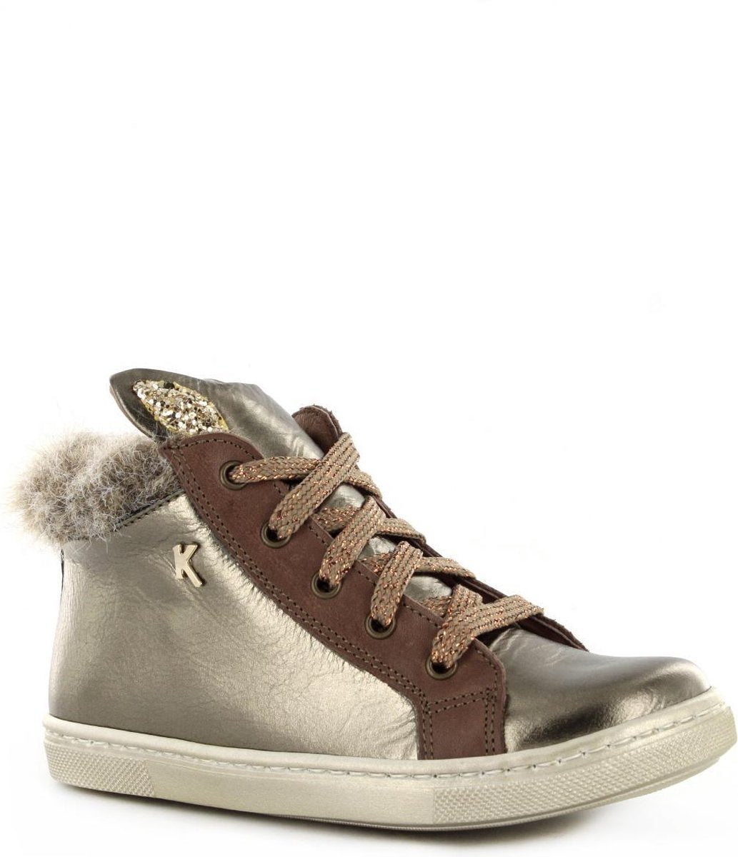 Kickers - Meisjes - Kinderschoenen met Veters en Ritssluiting - Sneakers met Bont - Bruin Goud- Maat 26