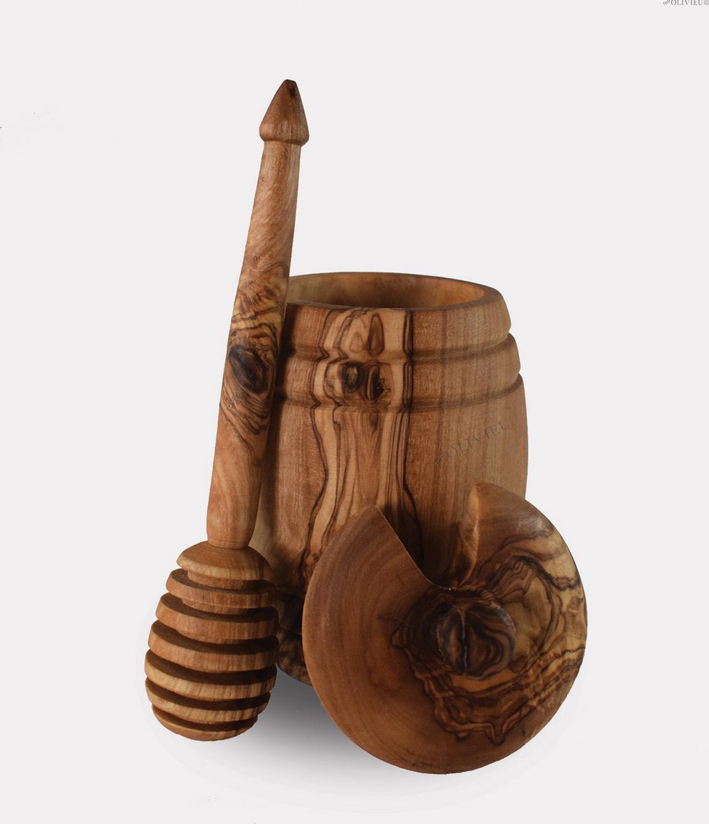 OLIVIEU ~ Olijfhouten / Houten Honingpotje ~ met Honinglepel ~ Duurzaam Cadeau ~ Tafelen ~ Unieke Gift ~ Ruche ~ Honingpot