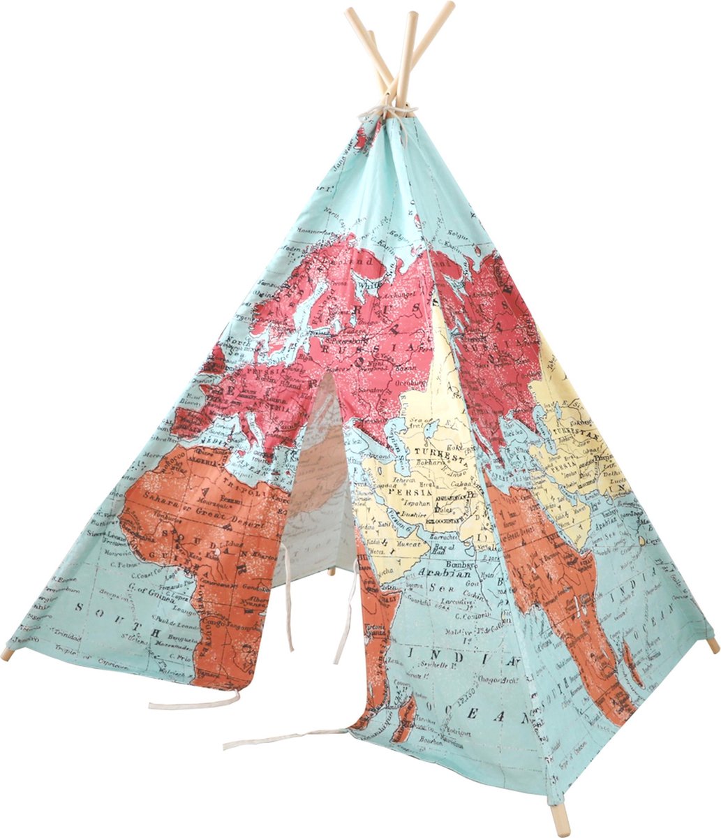Wereldkaart Tipi Tent Multikleur Wigwam Speeltent / 100% katoen / 120 x 120 x 160 / 2 jaar garantie