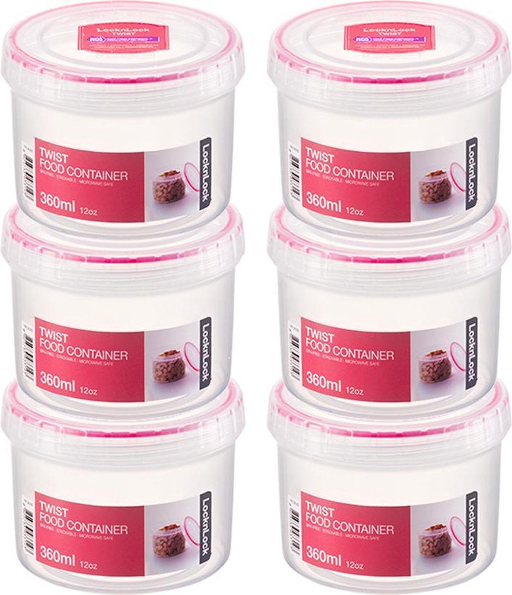 Lock&Lock - Twist Vershoudbakjes | Voorraadbussen | Bewaardozen voedsel - 360 ml - Rond - Set van 6 stuks