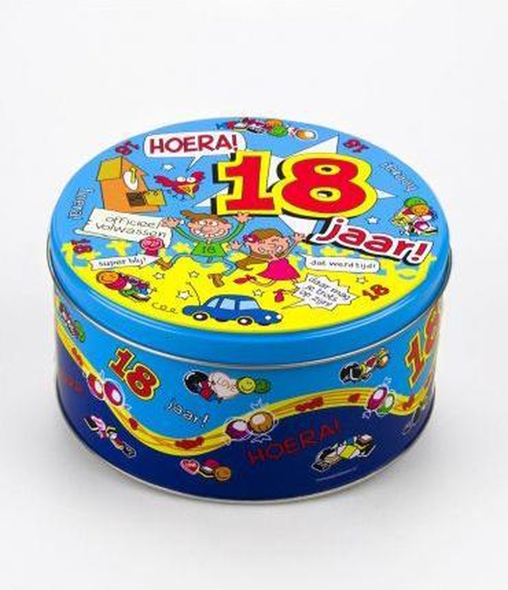 Verjaardag - Snoeptrommel - 18 jaar - Gevuld met verse snoepmix - In cadeauverpakking met gekleurd lint