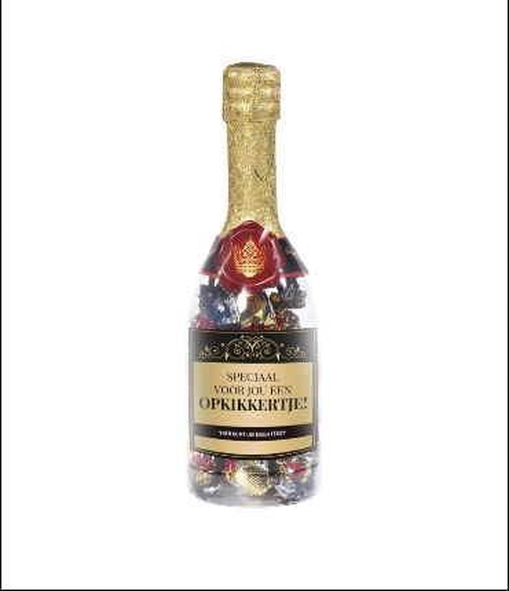 Champagnefles - Opkikkertje - Gevuld met snoepmix - In cadeauverpakking met gekleurd lint