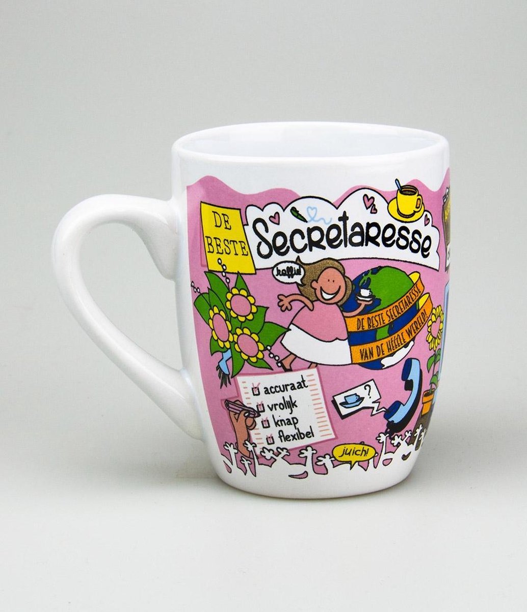 Mok - Cartoon Mok - Allerbeste secretaresse - In cadeauverpakking met gekleurd lint