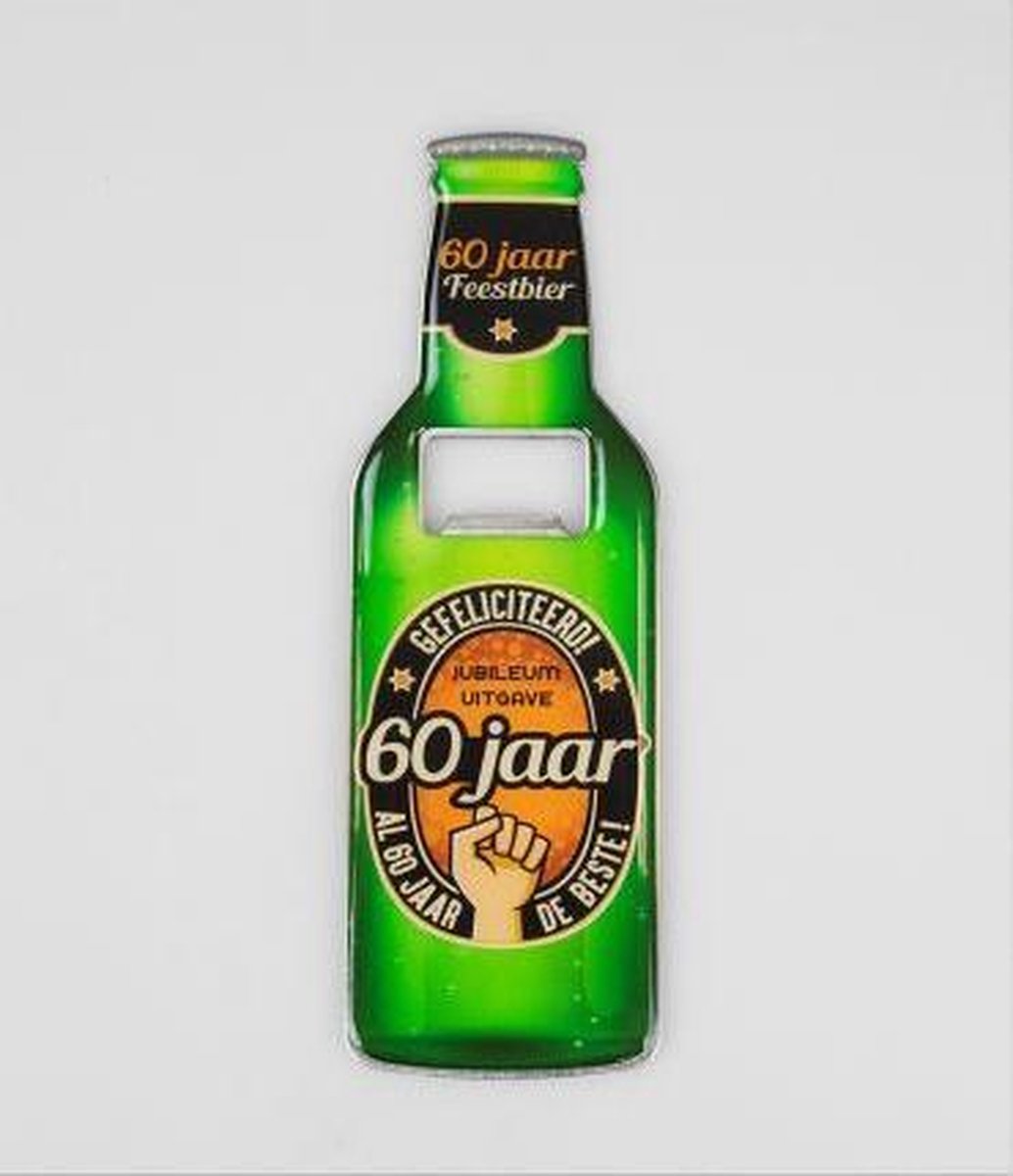 Bieropener -Magnetisch - 60 Jaar - In cadeauverpakking met gekleurd lint