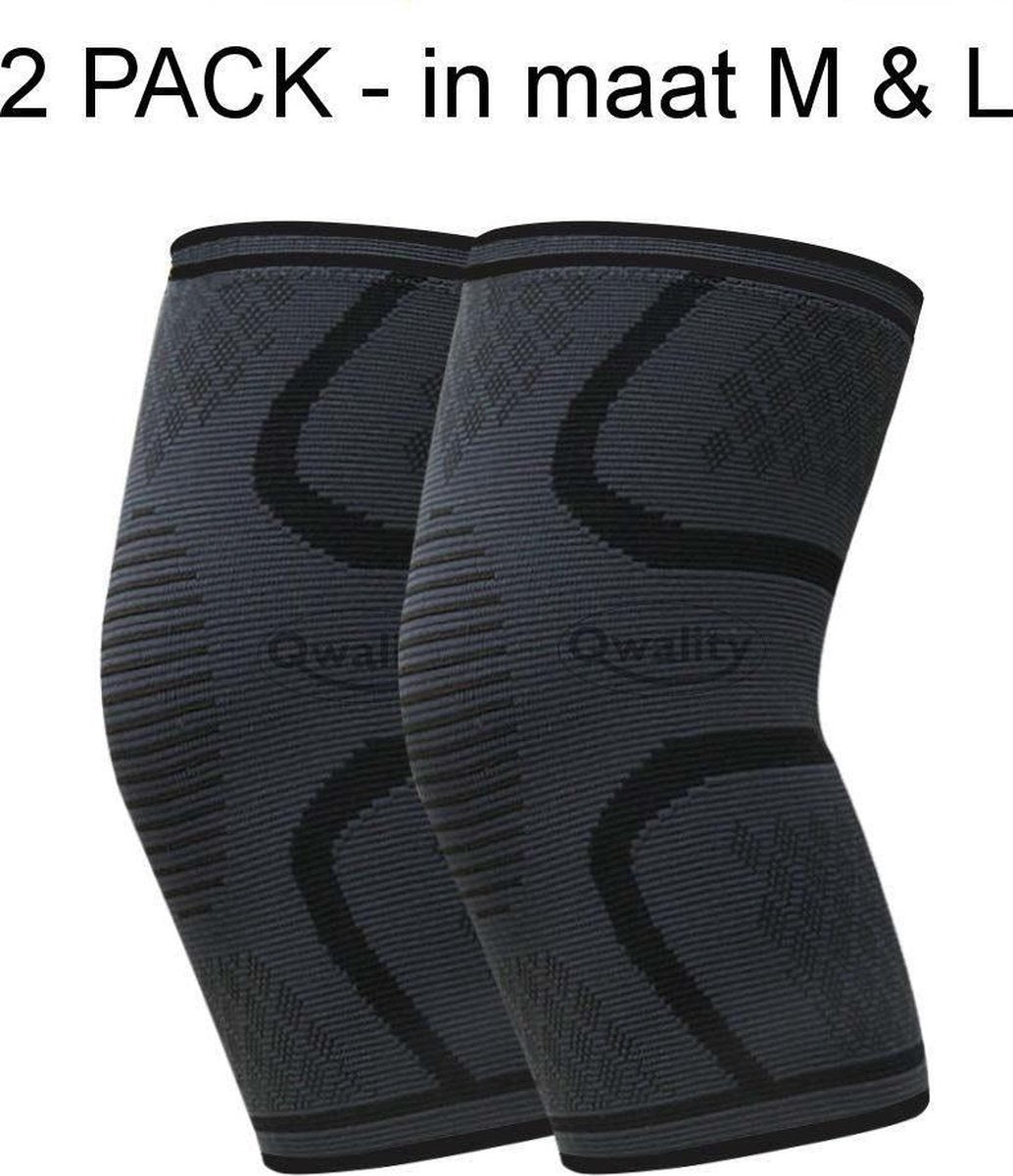 Kniebandage Knie Brace MET Unieke Anti Slip Strip MAAT M - Kniebrace Bescherming Ortho Compressie - Elastisch Massage - Hardlopen Fitnessen Wielrennen - Licht tot Middelzware Knieklachten - Zwart / Grijs –  Beschikbaar in MAAT M & L - Qwality4u
