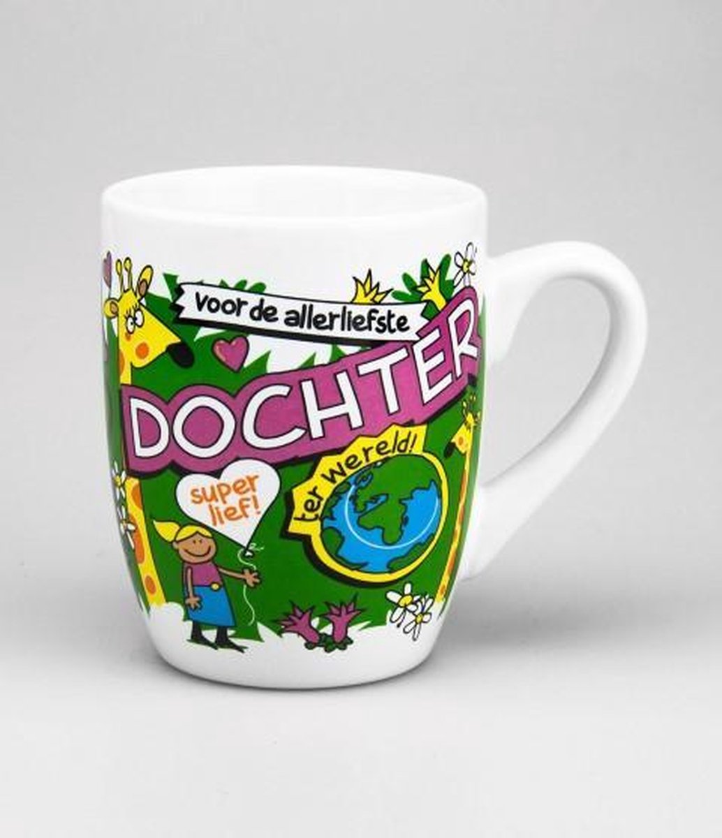 Mok - Cartoon Mok - Voor de allerliefste Dochter -  In cadeauverpakking met gekleurd lint