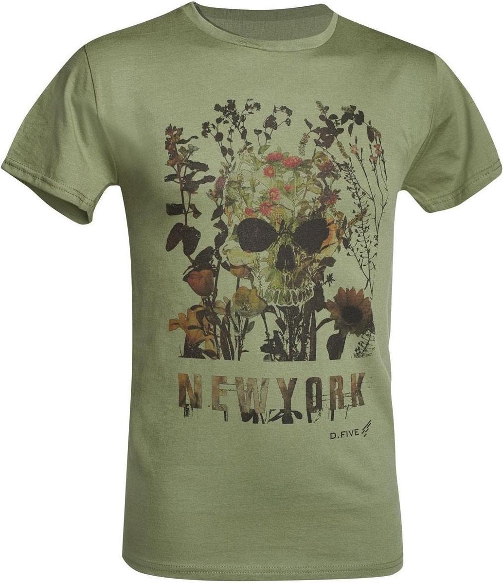 D.five T-shirt Skull With Flowers Heren Katoen Legergroen Maat M